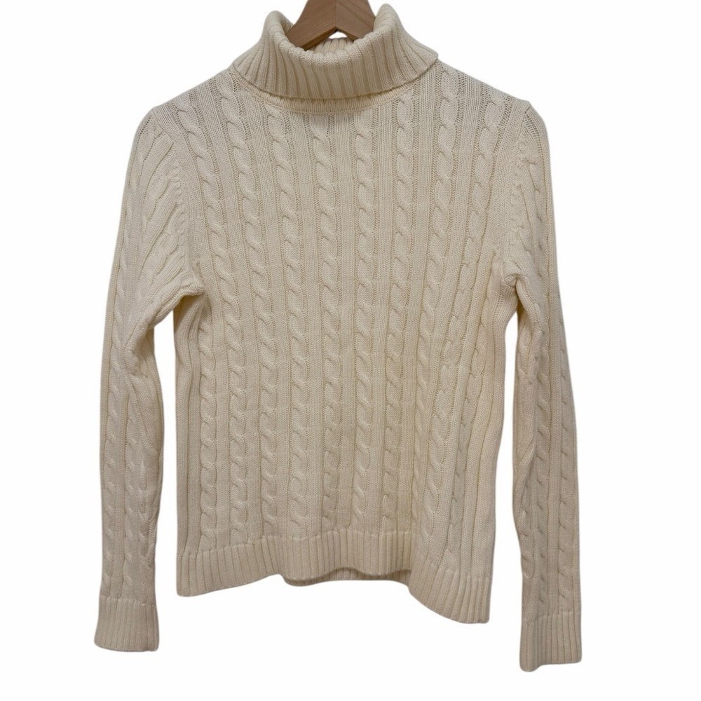L.L. Bean Heritage Fisherman Sweater Cream Cable Knit Cotton Turtleneck Small - Picture 9 of 9